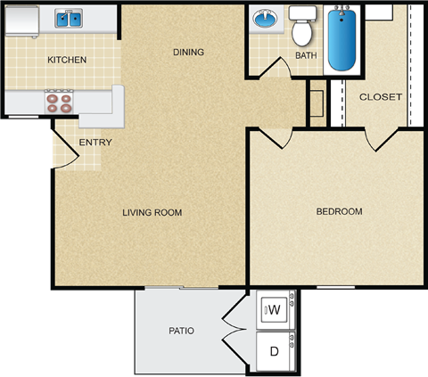Floor plan for 1 bed, 1 bath, 625 sqft